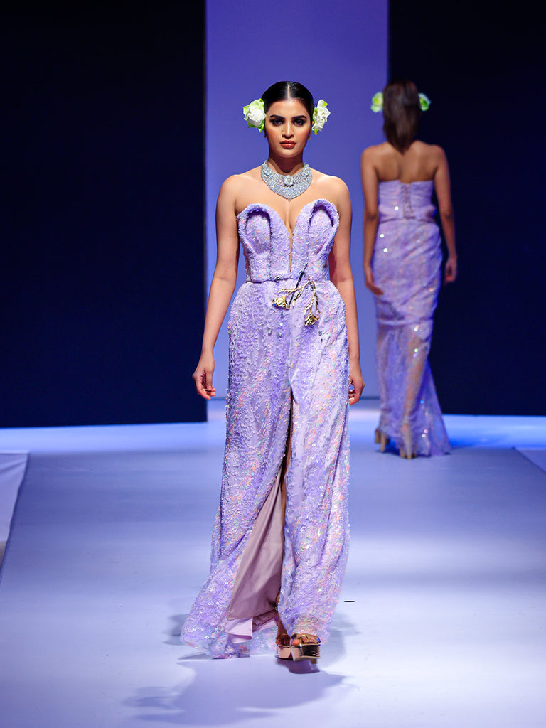 Sequin Embellished Dress with Metal Flower & Sword Detail