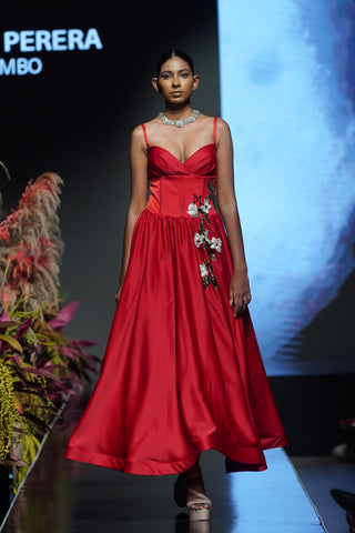 Satin dress featuring a structured corset bodice
